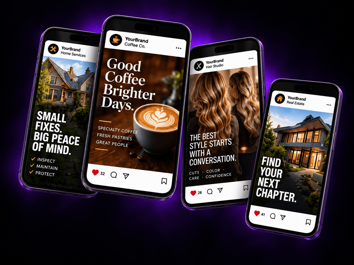 Four phones showing sample branded social posts for a home services company, coffee shop, hair studio and real estate agent