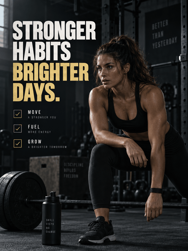 Sample illustration of a fitness post reading "Stronger habits, brighter days."