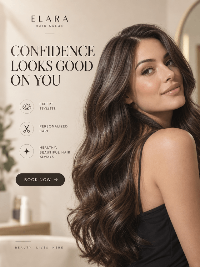 Sample illustration of a hair salon post reading "Confidence looks good on you."